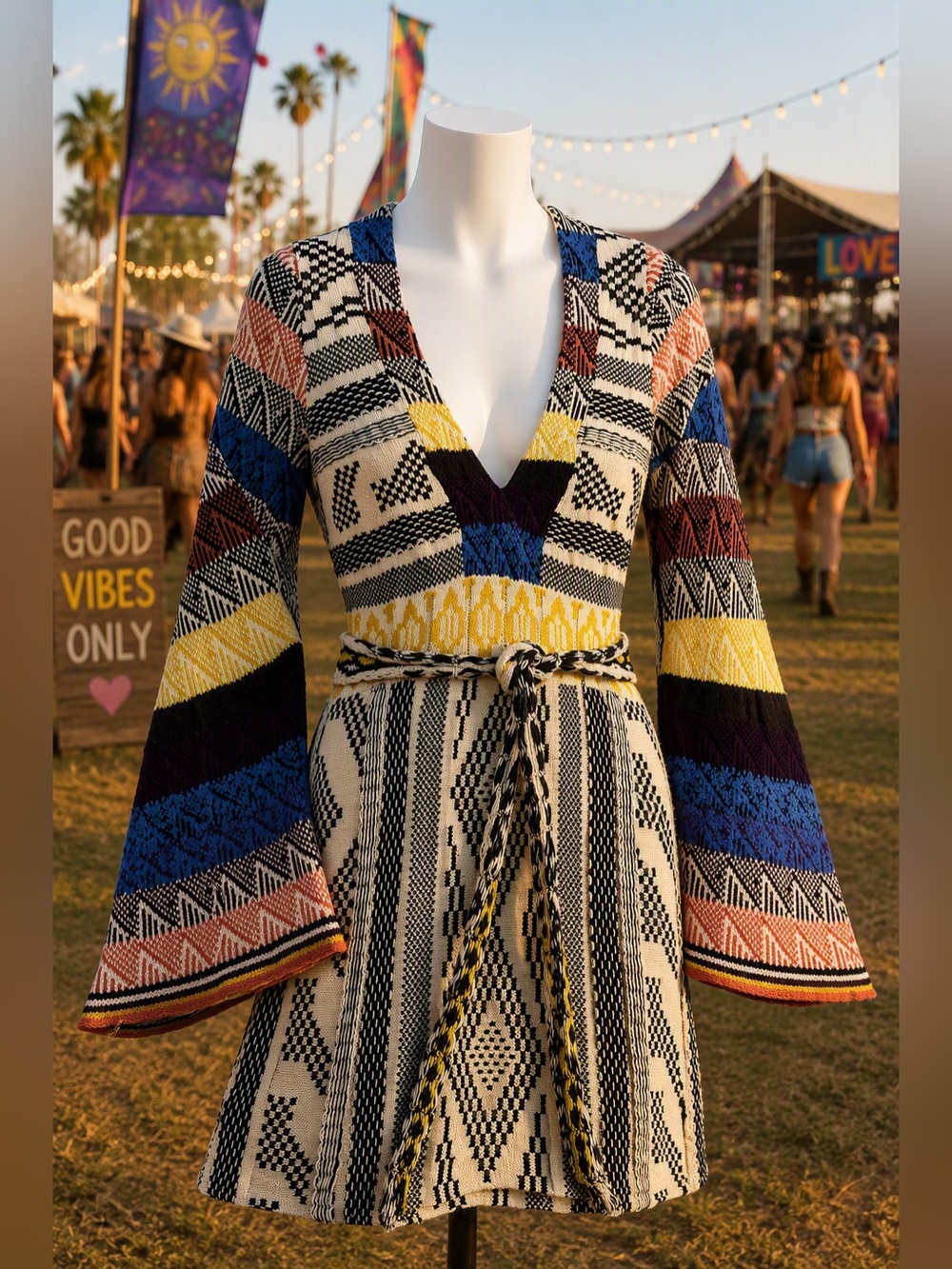 Free People Boho V-Neck Knit Belted Patterned Mini Dress sz XS